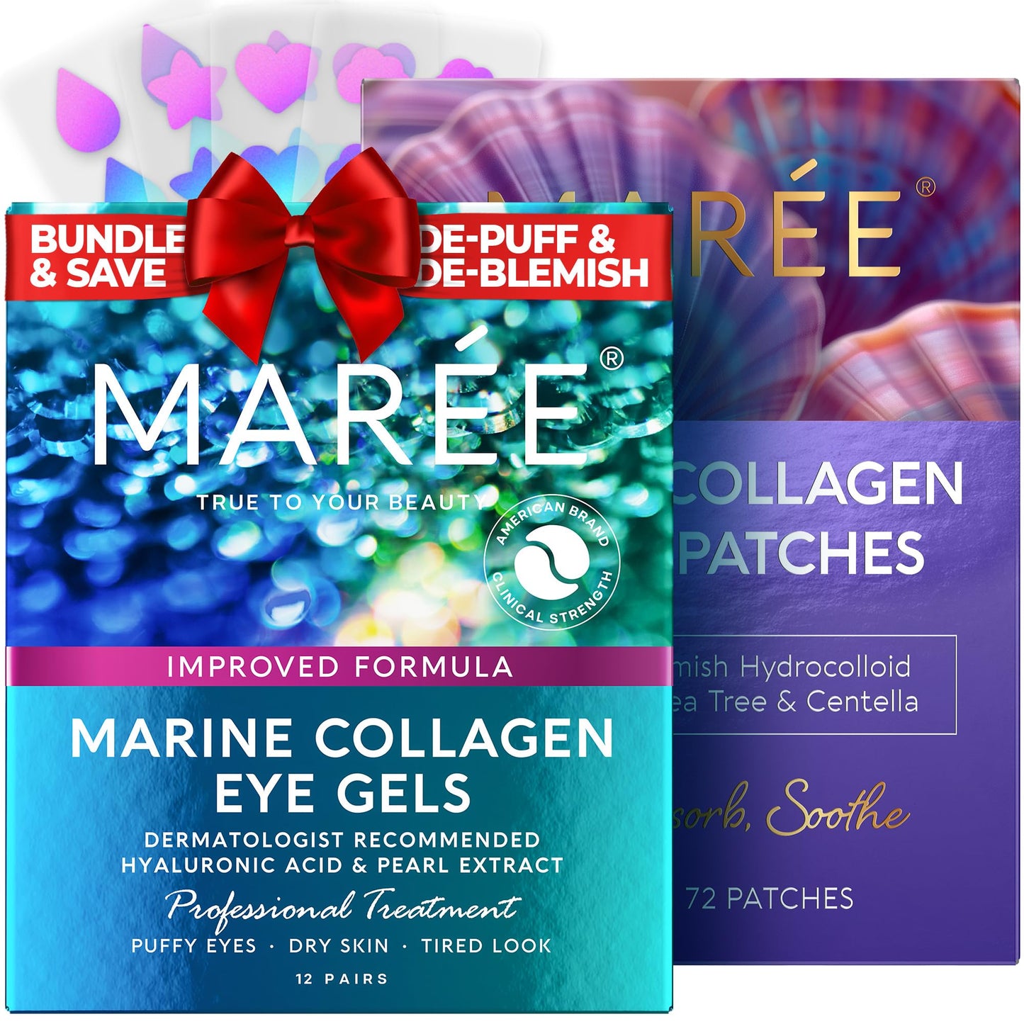 MAREE Eye Gels & Acne Сlearing Devices Bundle - Under Eye Gels for Puffy Eyes and Dark Circles, Hydrocolloid Acne Therapy Device - Marine Collagen & Hyaluronic Acid, Green Algae Extract & Tea Tree Oil