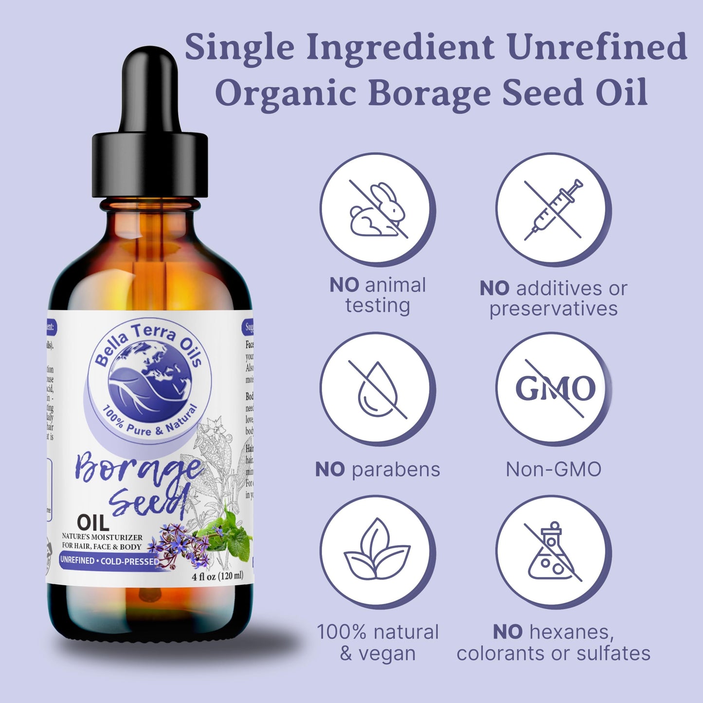 Bella Terra Oils - Natural Borage Seed Oil 8 oz - Cold-Pressed from Natural Borage Seeds, Overflowing with Vitamin E & Omega Fatty Acids, An Elixir of Youth & Beauty