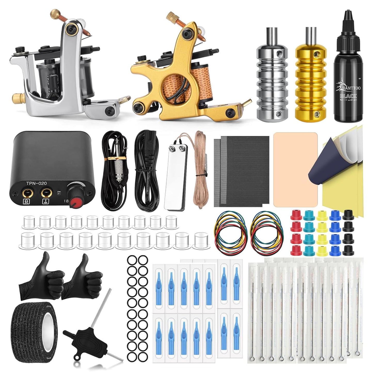 Tattoo Coil Machine Kit - Complete 2 Set Tattoo Gun with Power Supply & Needles | Ideal for Beginners and Artists