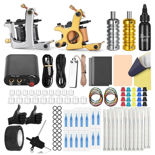 Tattoo Coil Machine Kit - Complete 2 Set Tattoo Gun with Power Supply & Needles | Ideal for Beginners and Artists