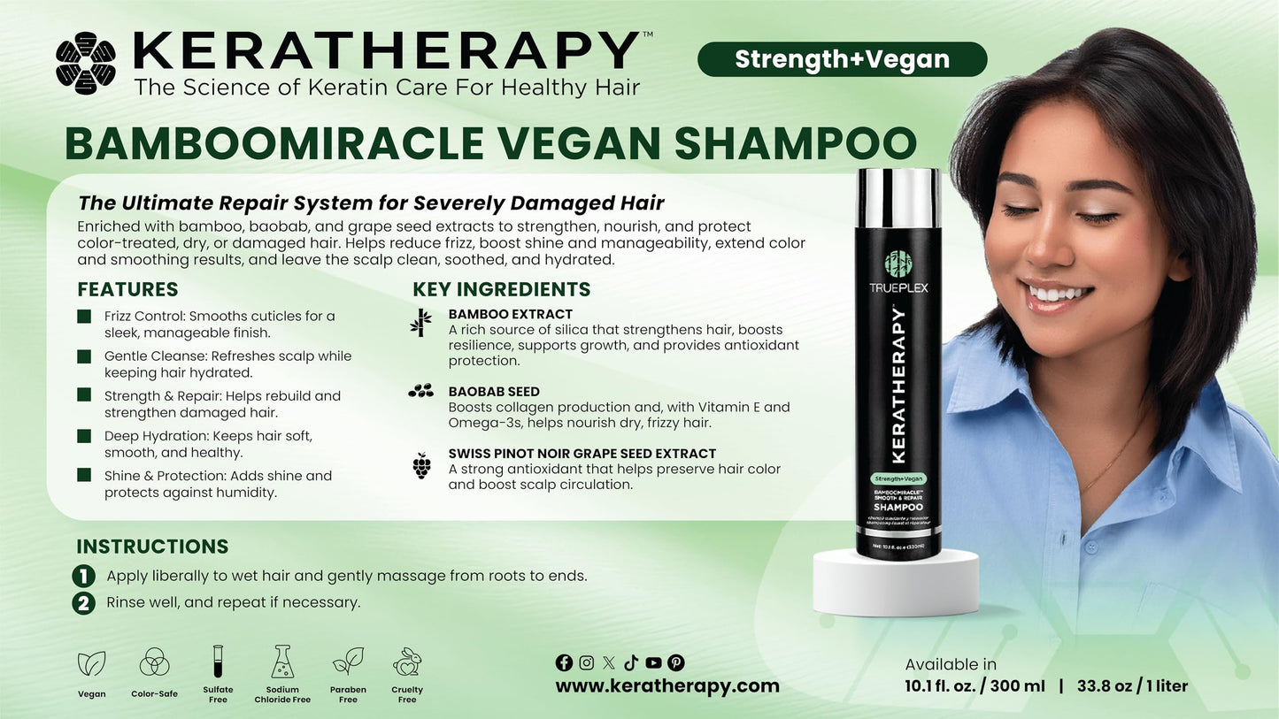 Trueplex KERATHERAPY Bamboo Miracle Smooth & Repair Shampoo, 10.1 oz., 300 ml - Vegan Cleansing Formula for Damaged & Frizzy Hair - Hydrating & Smoothing with Grape Seed, Baobab, & Bamboo Extract