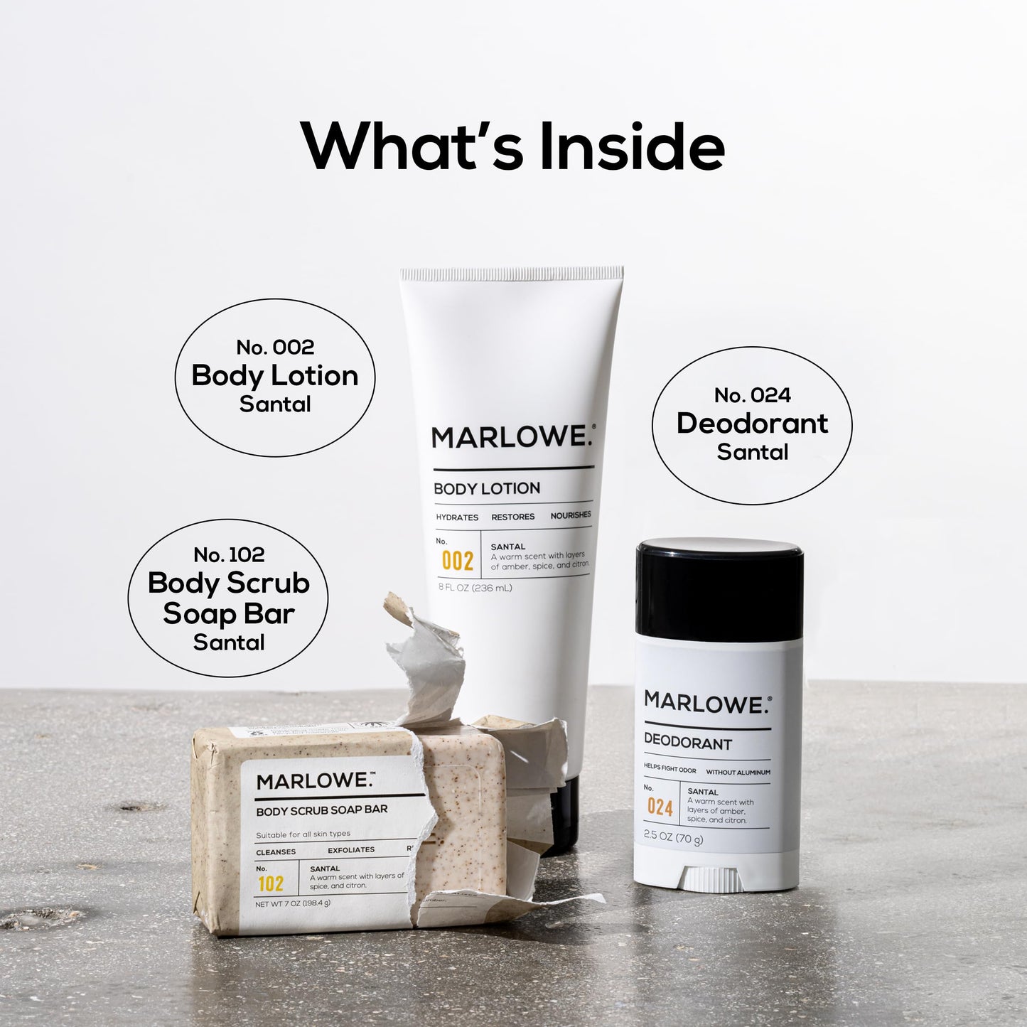 MARLOWE. Men's Santal Body Gift Set, Scrub Soap, Deodorant + Lotion