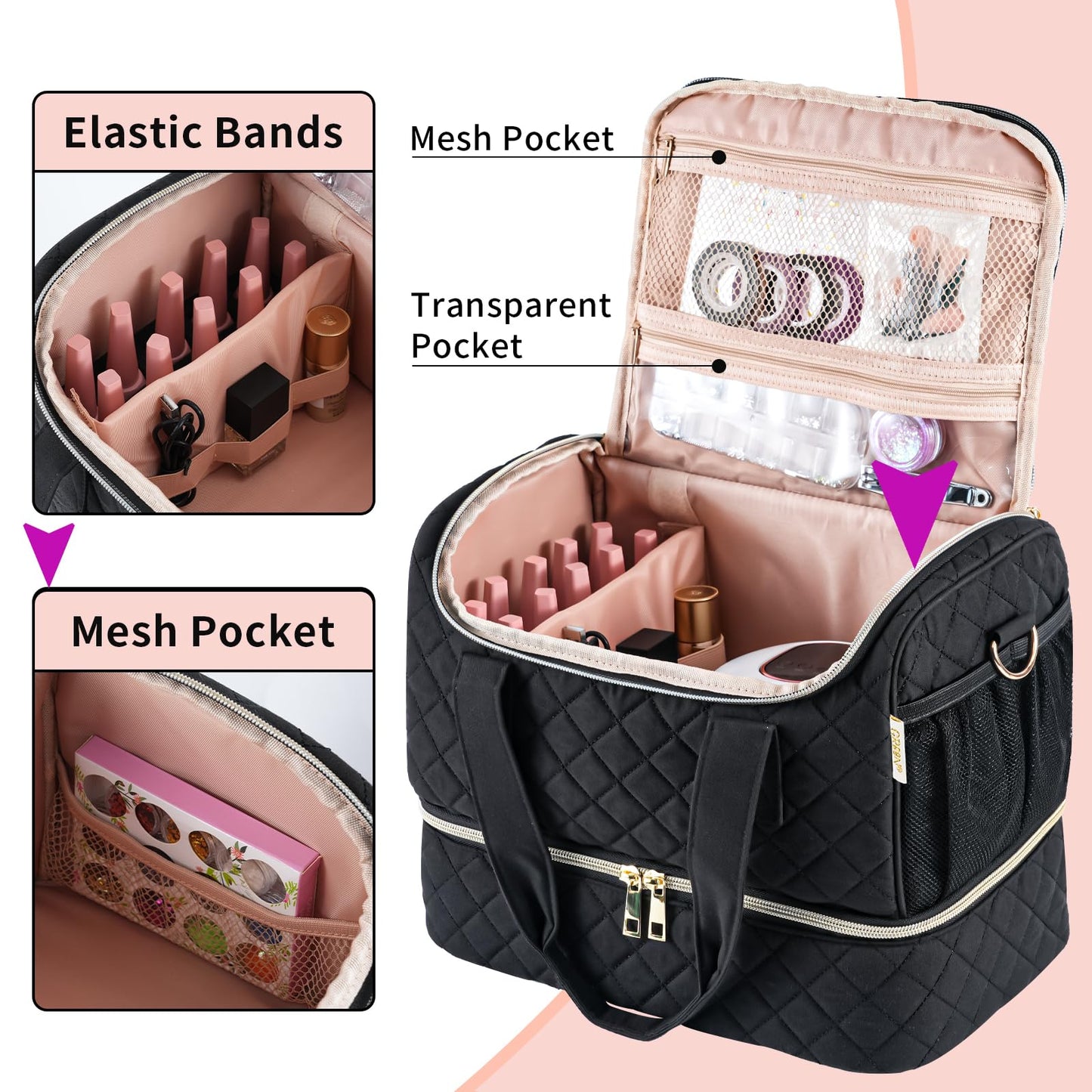 GR69N Nail Polish Organizer Case,Nail Storage Organizer Holds Nail Lamp & 50 Bottles Nail Polish,Travel Nail Tech Case,Nail Kit Organizer Bag Fits Nail Supplies & Manicure Tools,Black (Patented)