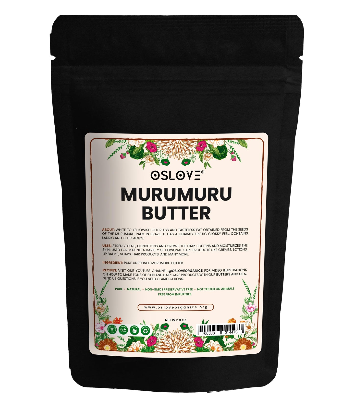 Oslove Organics Pure, Natural and Unrefined Murumuru Butter - Soft silky butter for lotions, whipped body butters/souffles, lip balms, salves | 8oz
