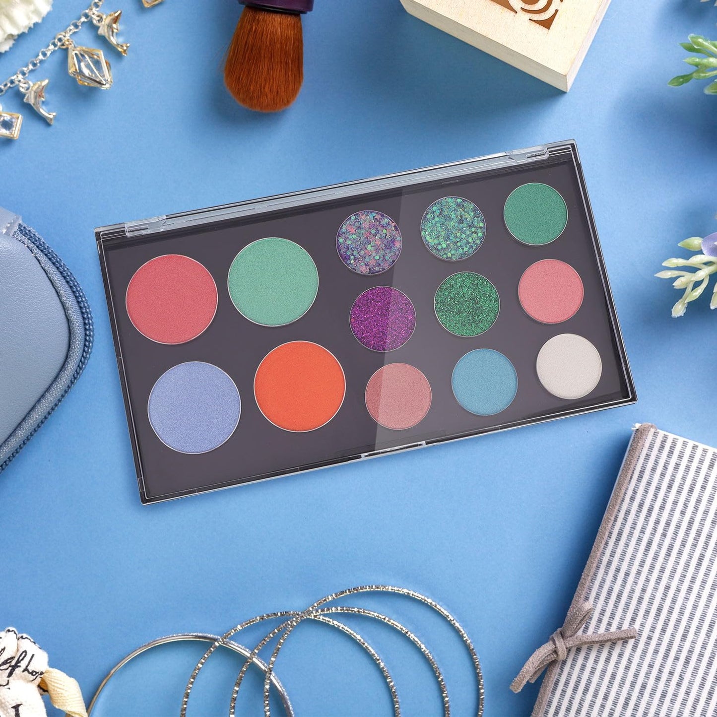 Magnetic Makeup Palette with Clear Top, 3Pack Empty Eyeshadow Pan Dispensing Storage Box with 60Pcs Adhesive Metal Stickers for DIY Cosmetics Lipstick Blush Powder-7.71”X4.33”Palette