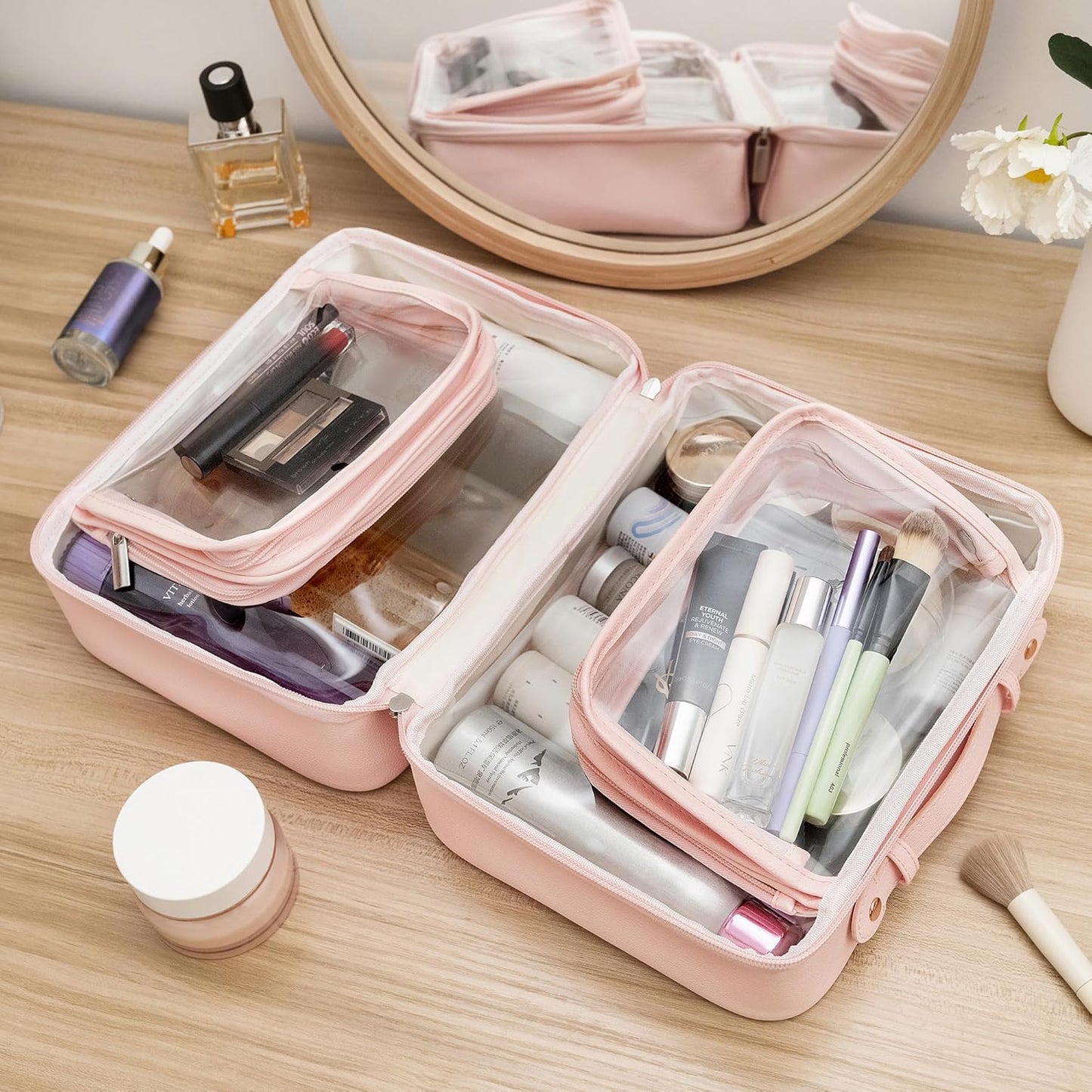 TSA Approved Clear Toiletry Bag - Waterproof Travel Makeup Organizer for Women | Large Pink Cosmetic Bag