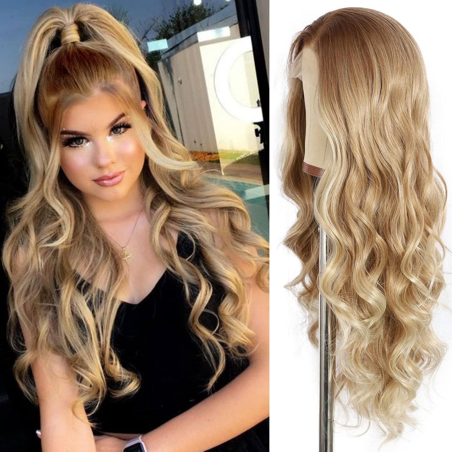 xiweiya Long Natural Wave Ombre Brown Blonde Synthetic Lace Front Wigs with Brown Roots 2 Tones Side Part Wig Heat Resistant Fiber Hair Wigs For Women Replacement Everyday Wigs 24"(Blonde)