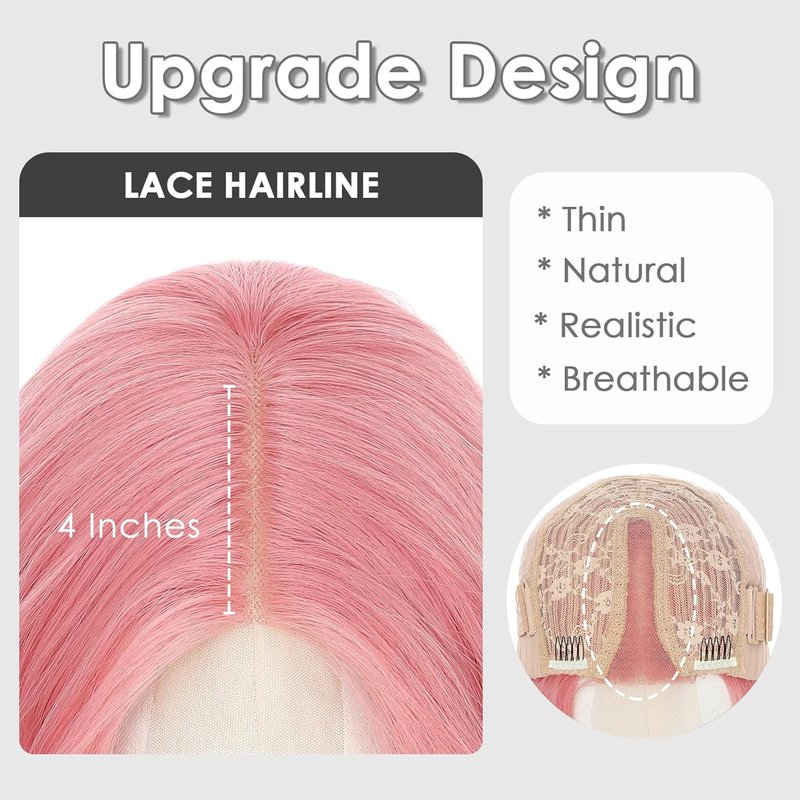 Pink Wavy Wig for Women - 26 Inch Synthetic Lace Front Hairpiece | Heat Resistant for Daily Wear & Cosplay