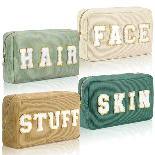 Pinkunn 4 Pcs Preppy Makeup Bags Chenille Letter Travel Organizer Face Skin Hair Stuff Corduroy Cosmetic Hygiene Toiletry Pouch with Zipper Wedding Birthday Gifts for Women(Sage Green Series Color)