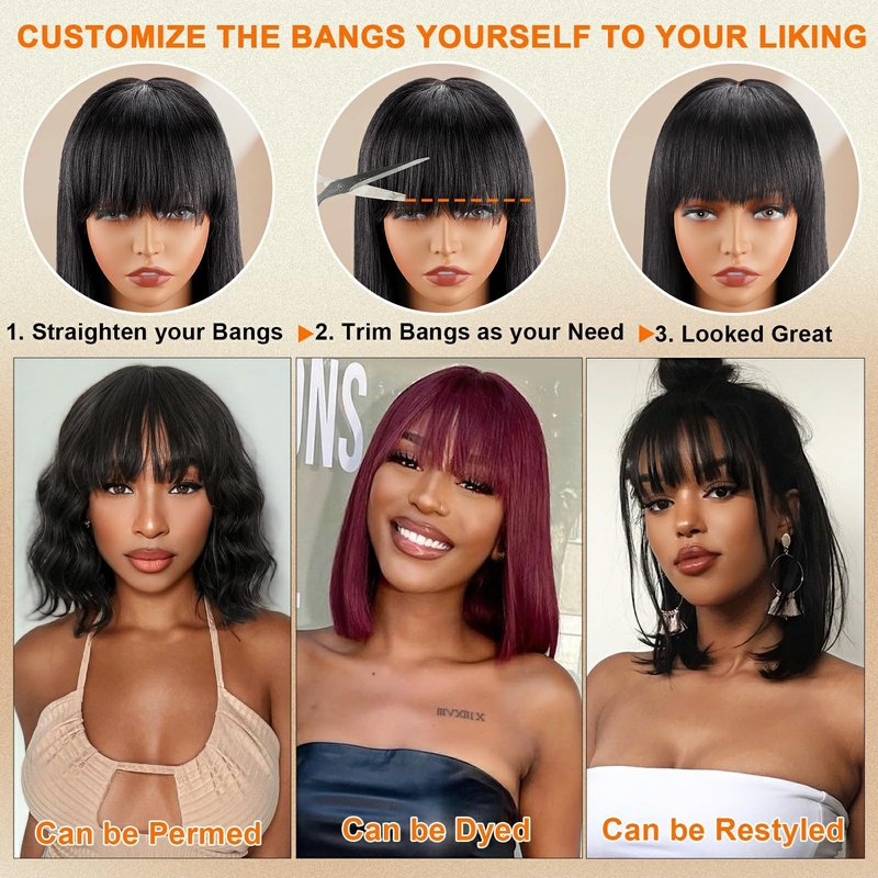 Lativ Bob Wig with Bangs Human Hair 4x2 Lace Bob Wig Human Hair with Bangs 150% Density Middle Part Natural Black(10 Inch,Bob With Bangs)