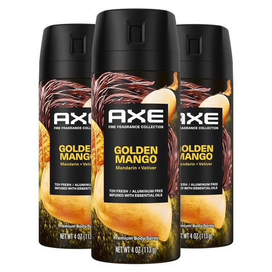 Axe Fine Fragrance Collection Deodorant Body Spray for Men - Golden Mango | 72H Odor Protection, 4 oz (3 Count)