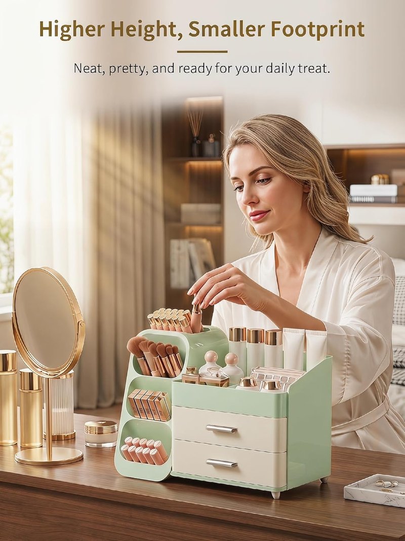 Makeup Organizer - Large Capacity Vanity Storage Case with Drawers | Cream Green Cosmetic Display for Skincare & Beauty Tools