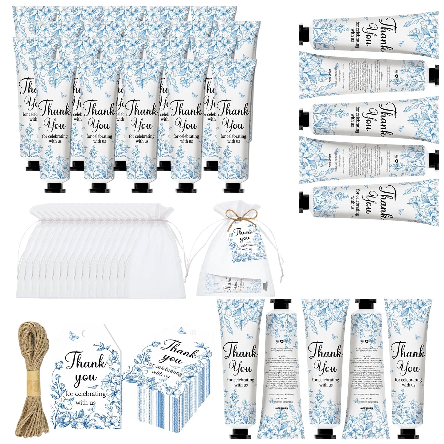 50 Sets Blue Flower Baby Shower Hand Cream Bulk Gift Set, Hand Cream Favors for Guests Gender Reveal, Bridal Wedding Travel Size Gifts with Thank You Card & Organza Bags (blue flower)