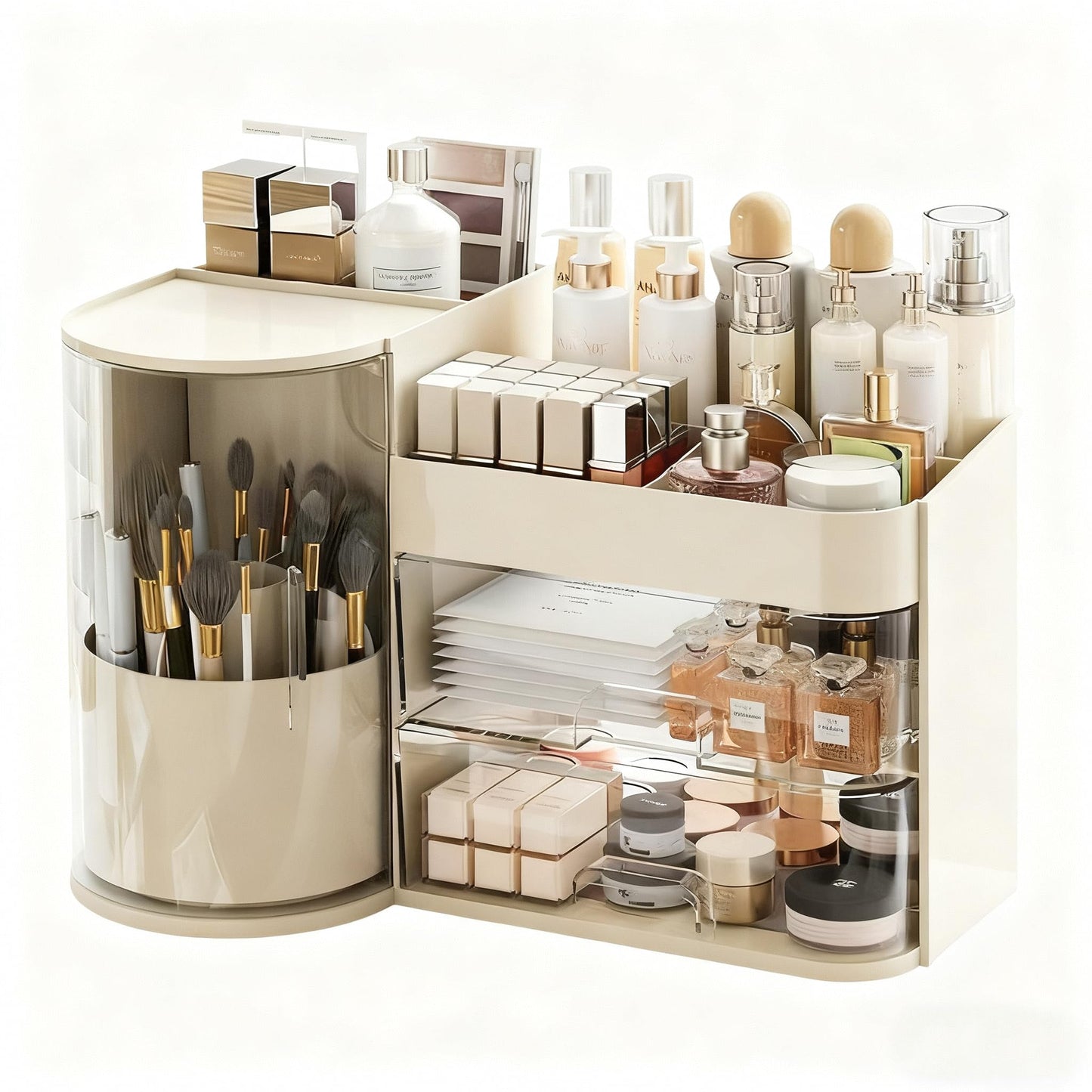 FYABREEK Makeup Organizer 14" D x 8.3" W x 9" H Cosmetic Organizer with Drawers Countertop Skincare Organizer for Vanity Cosmetic Display Case Storage Rotating Brush Holder (Black)