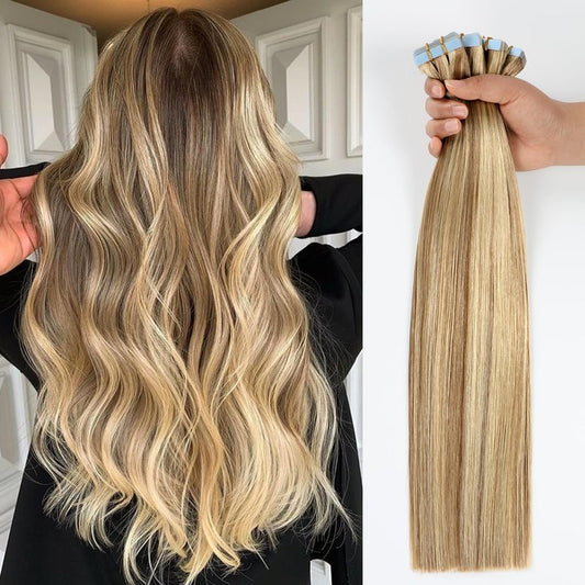 JESSBO Tape in Hair Extensions Human Hair Ash Blonde Highlighted Bleach Blonde 16 inch 20pcs 40g/pack Straight Seamless Skin Weft 100% Real Human Hair