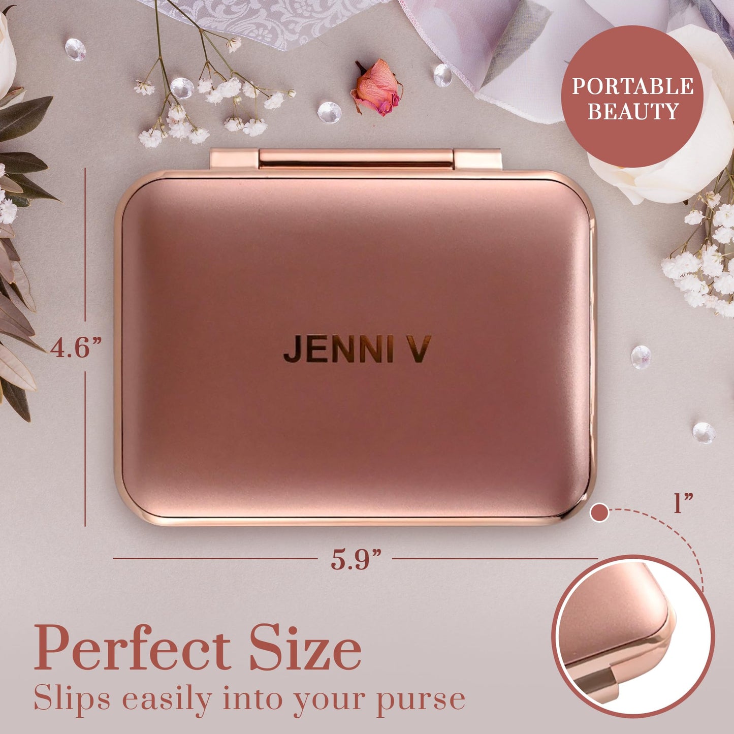 JENNI V LED Compact Mirror with Light, 5X Magnification and Power Bank Changer - Handheld Pocket Mirror - Rechargeable Travel Mirror with Light - Small Portable Makeup Mirror for Purse (Rose Gold)