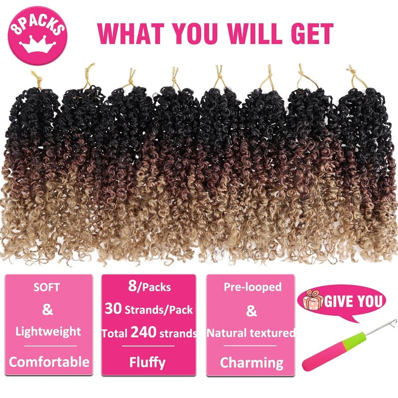 Pre-Twisted Yanky Twist Crochet Hair - Ombre Brown to Blonde, 10 Inch, 8PCS Bouncy Wavy Synthetic Extensions