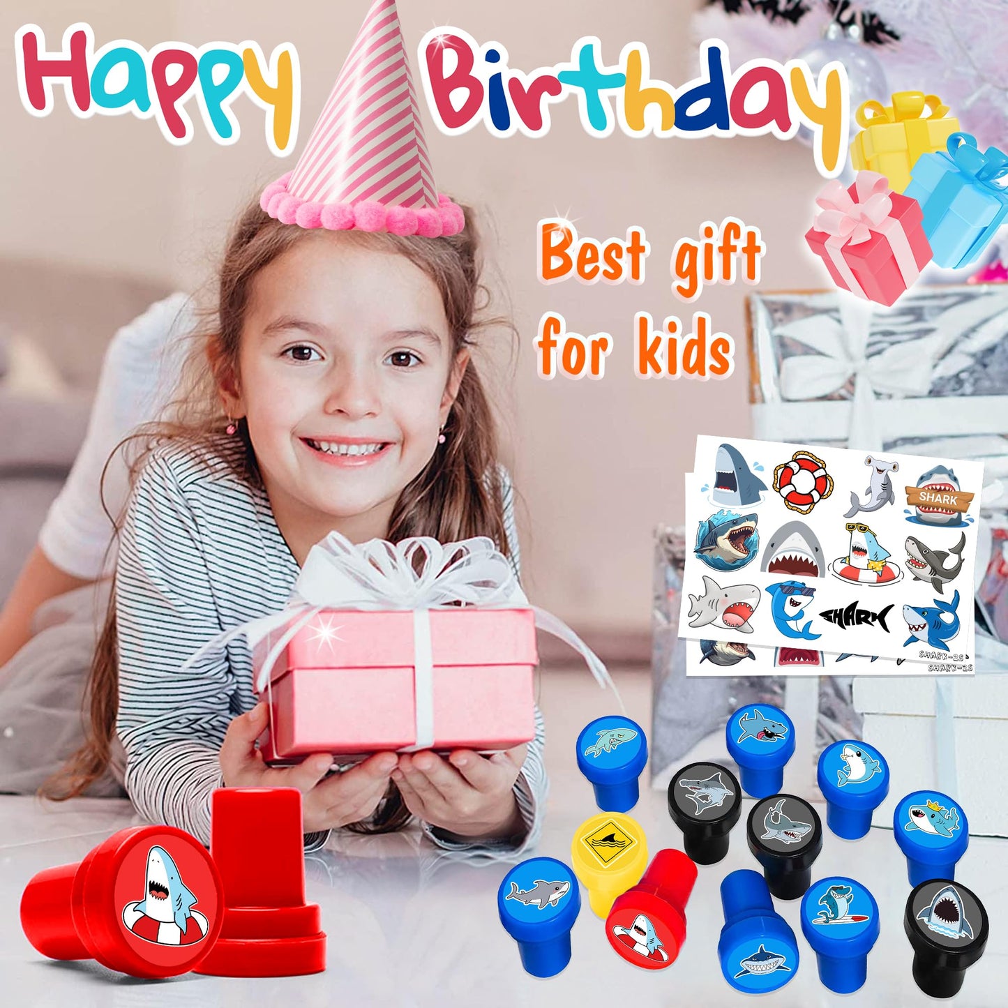 INKSOMOBA 36PCS Shark Party Favors - 24PCS Temporary Tattoos & 12PCS Stamps - Ideal Beach Ocean Animal Themed Birthday Card Decorations Supplies Goodie Bag Cute Rewards for Boys Girls Classroom Gifts