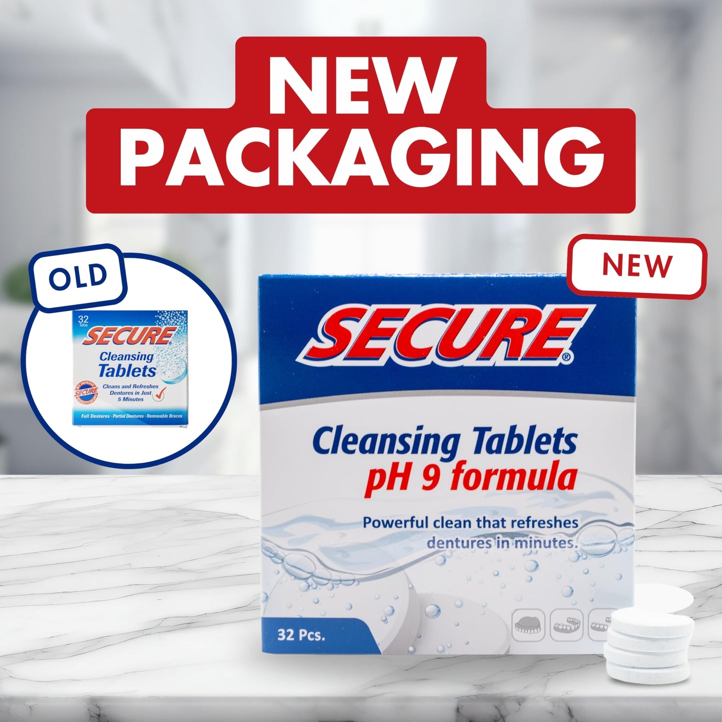 Secure Daily Cleansing Tablets - pH 9 Formula Thoroughly Cleans Dentures - Fights Odors, Stains & Germs - For Dentures, Nightguards, Retainers & Partials - 32 Tablets (4 Pack)