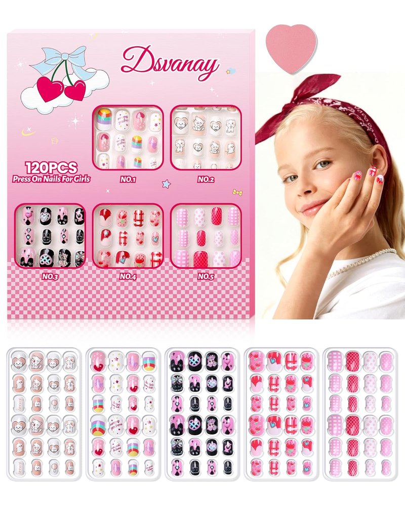 Press On Nails for Kids - 120PCS Glitter Nail Kit | Reusable Full Cover Designs for Ages 8-12