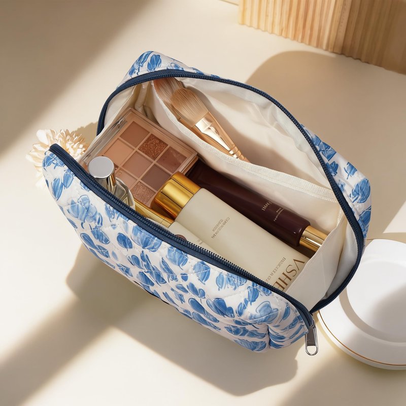 TOPEAST Travel Makeup for Women Girl, 3Pcs Large Cute Quilted Make up Bag Organizer for Purse, Portable Big Cosmetic Brush Pouch with Zipper Compartment, Blue Bow