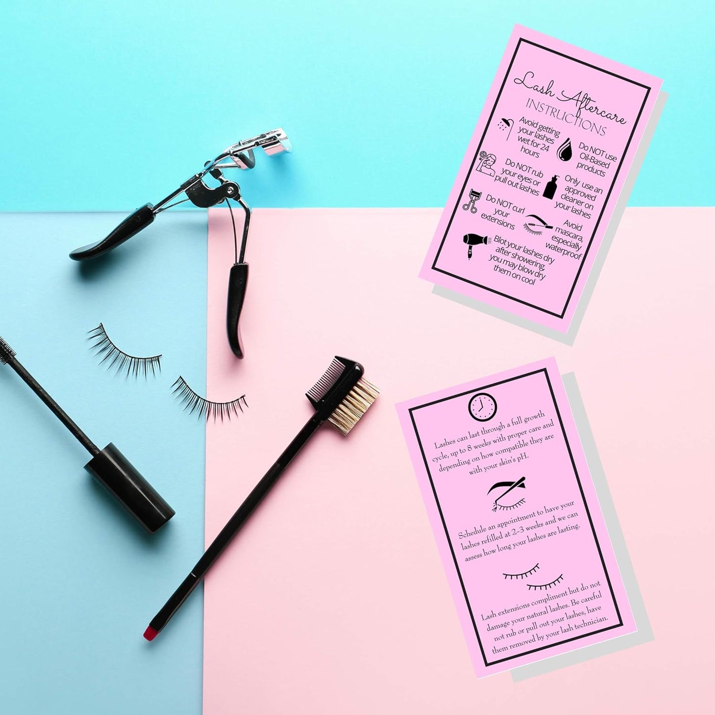 Lash Extension Aftercare Instructions Cards - Double-Sided 2x3.5" | 250 Pack in Bubblegum Pink with Visuals