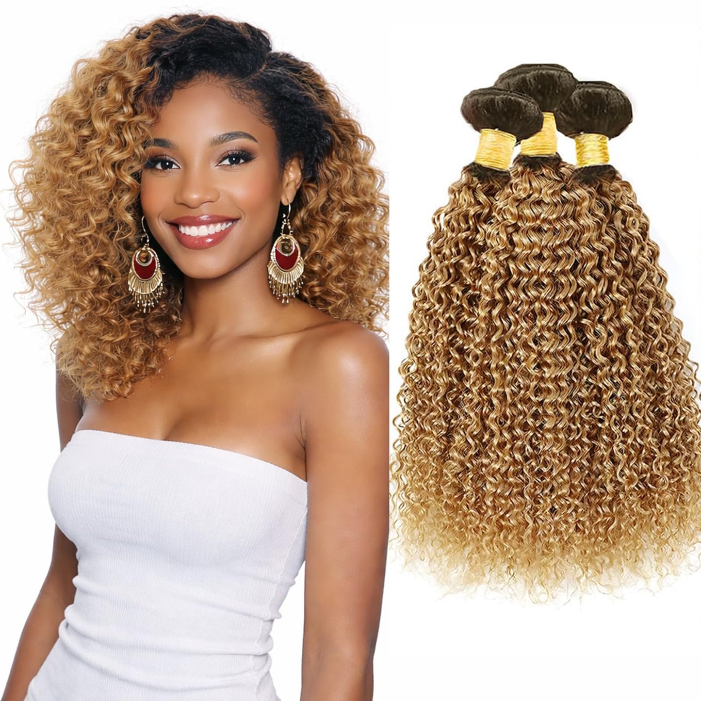 T1B/27 Jerry Curly Human Hair Bundles 8 10 12 Inch Honey Blonde Ombre Brazilian Virgin Remy Hair Extensions 12A Tight Curly Soft Bouncy Full Wet and Wavy Quick Sew In 3 Bundles for Black Women