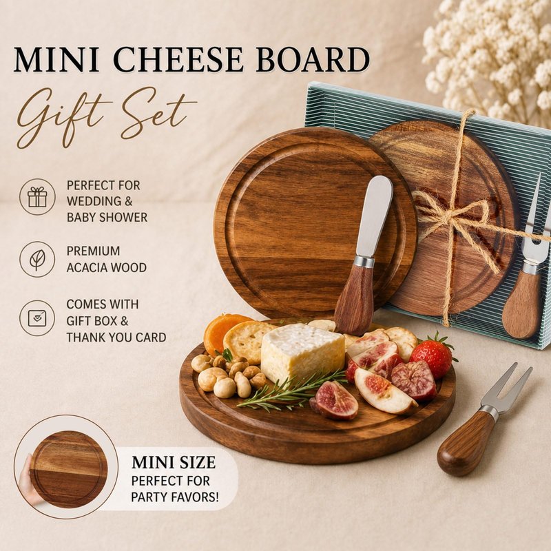 Maxcheck 1 Set Baby Shower Bridal Game Prizes for Winners Round Cheese Board Set Wood Mini Charcuterie Board with Knives and Forks Thank You Card with Gift Box for Guests Wedding (Acacia)