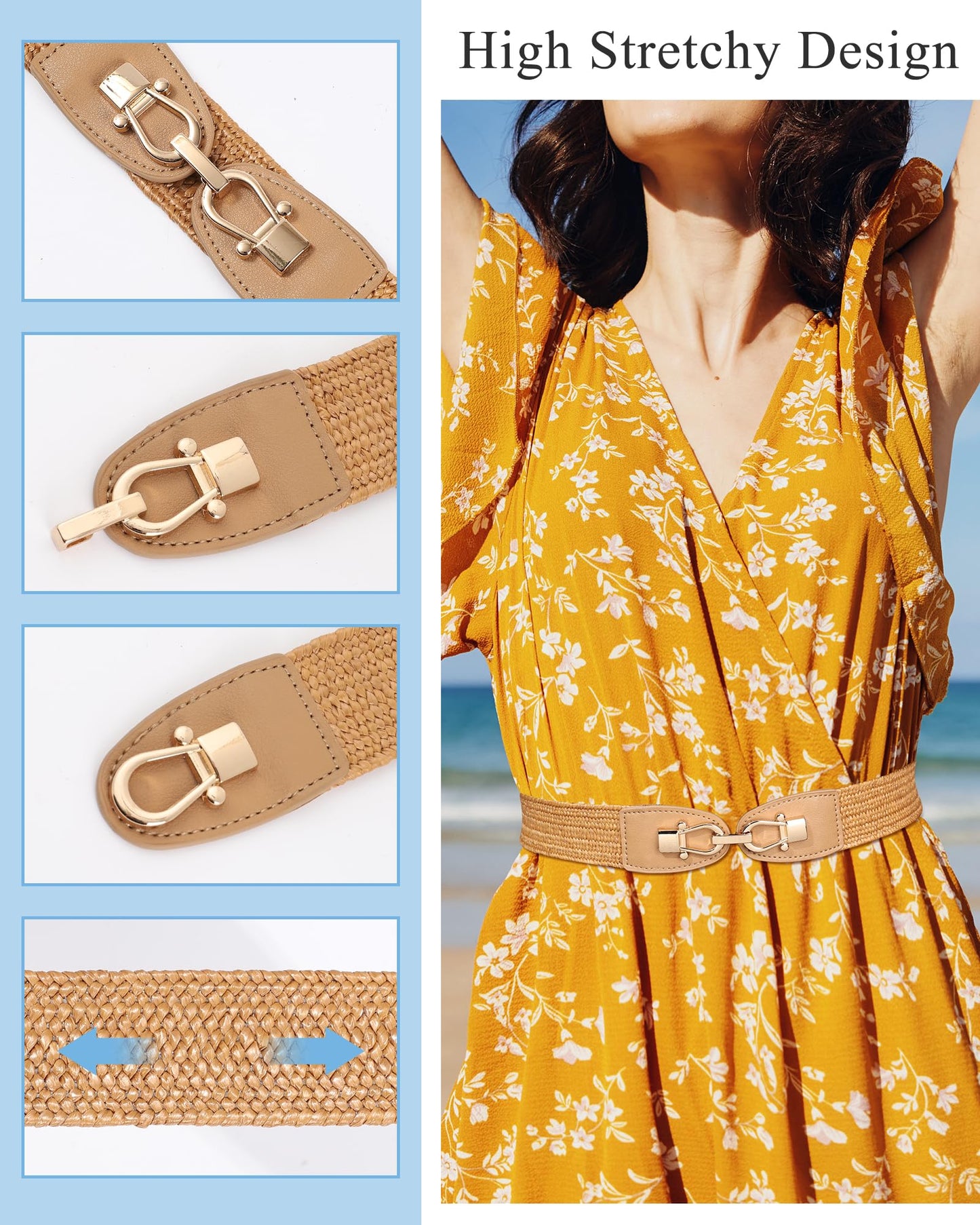 Women Belt Elastic Waist Straw Breathable Boho Braided Belt for Casual
