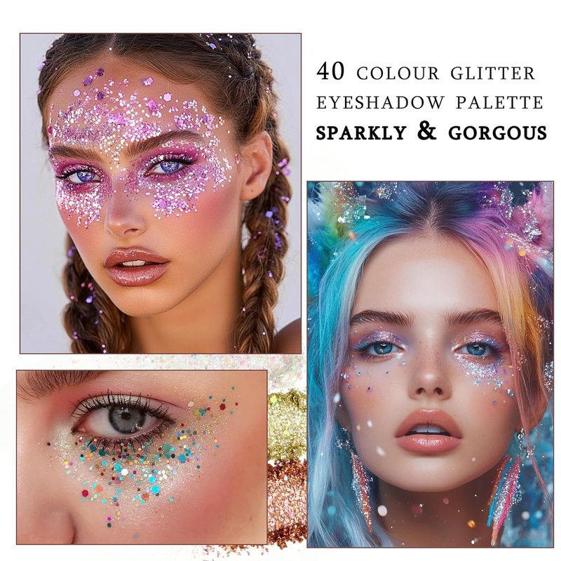 Glitter Makeup Palette - 40 Ultra Shimmer Colors | No Glue Needed, Multi-Purpose for Face, Hair & Body