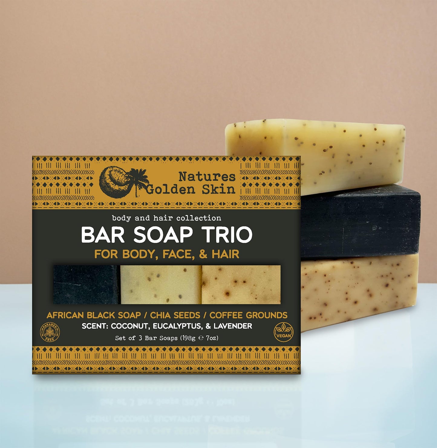 Nature's Golden Skin Bar Soap Trio for Body, Face, & Hair, Coconut, Eucalyptus, Lavender, 3 Bars (7 oz each) | Home and Body Company
