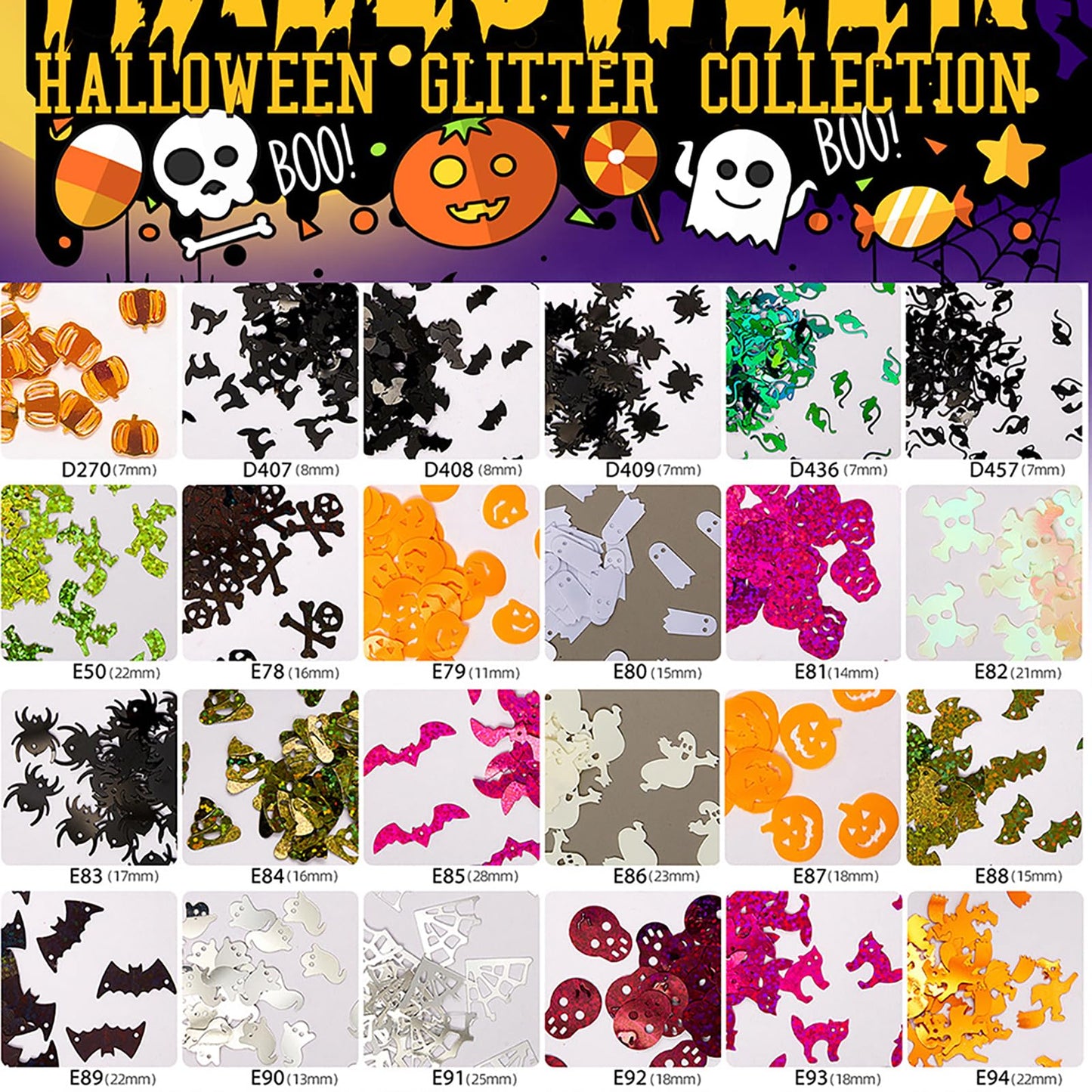Rose Flower Holographic Chunky Glitter, 6 Boxes Mixes Sequins 3D Holographic Pattern Halloween Theme Festival, Pumpkin Bat Ghost Witch Halloween Confetti Glitter for DIY Nail Art Halloween Party