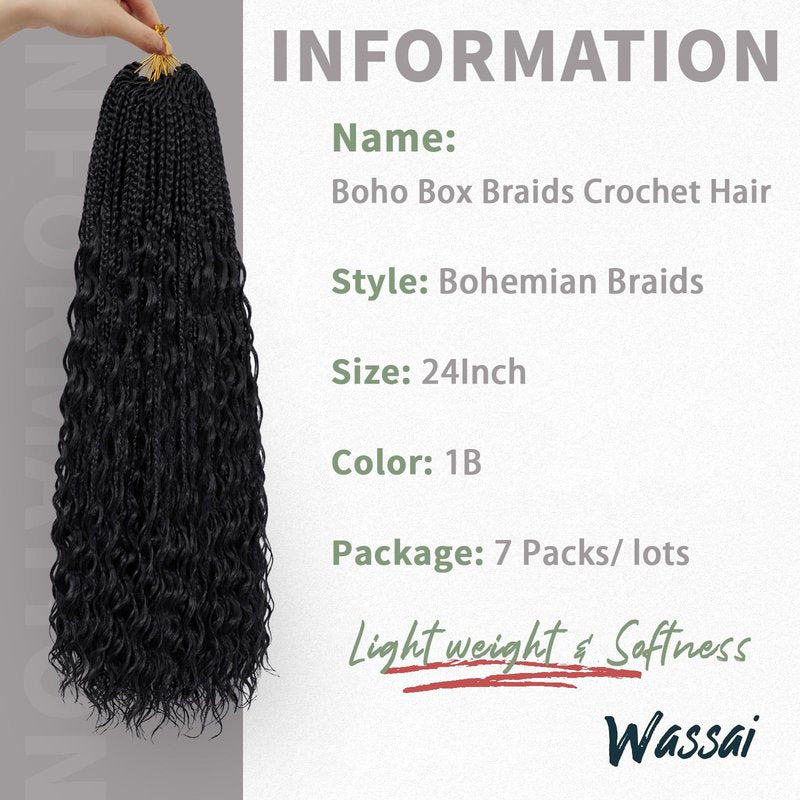 Goddess Box Braids Crochet Hair 24 Inch 7 Packs Boho Crochet Braids Pre Looped Bohemian Gypsy Braids Crochet Hair for Women Braiding Hair Extensions, 1B