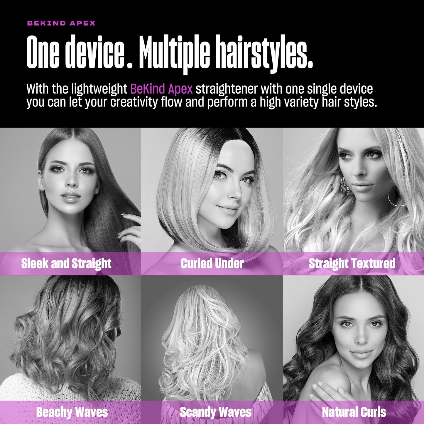 Bekind Apex 2-in-1 Hair Straightener Flat Iron | 1“ 460°F Straightener & Curler for All Hairstyles | UltraSmooth Tech | 15s Fast Heating & Temp Memory | Gift Set for Girls Women (Violet Bloom)