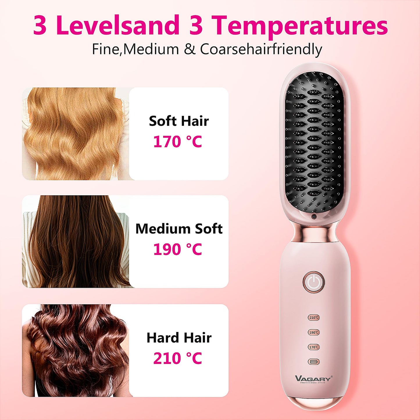 VAGARY Cordless Hair Straightener Brush,Portable Straightening Brush for Travel, 30s Fast Heat,3 Temp Settings,300 Million Negative Ions,USB Rechargeable,Anti-Scald Design Suitable for Thick,Thin Hair