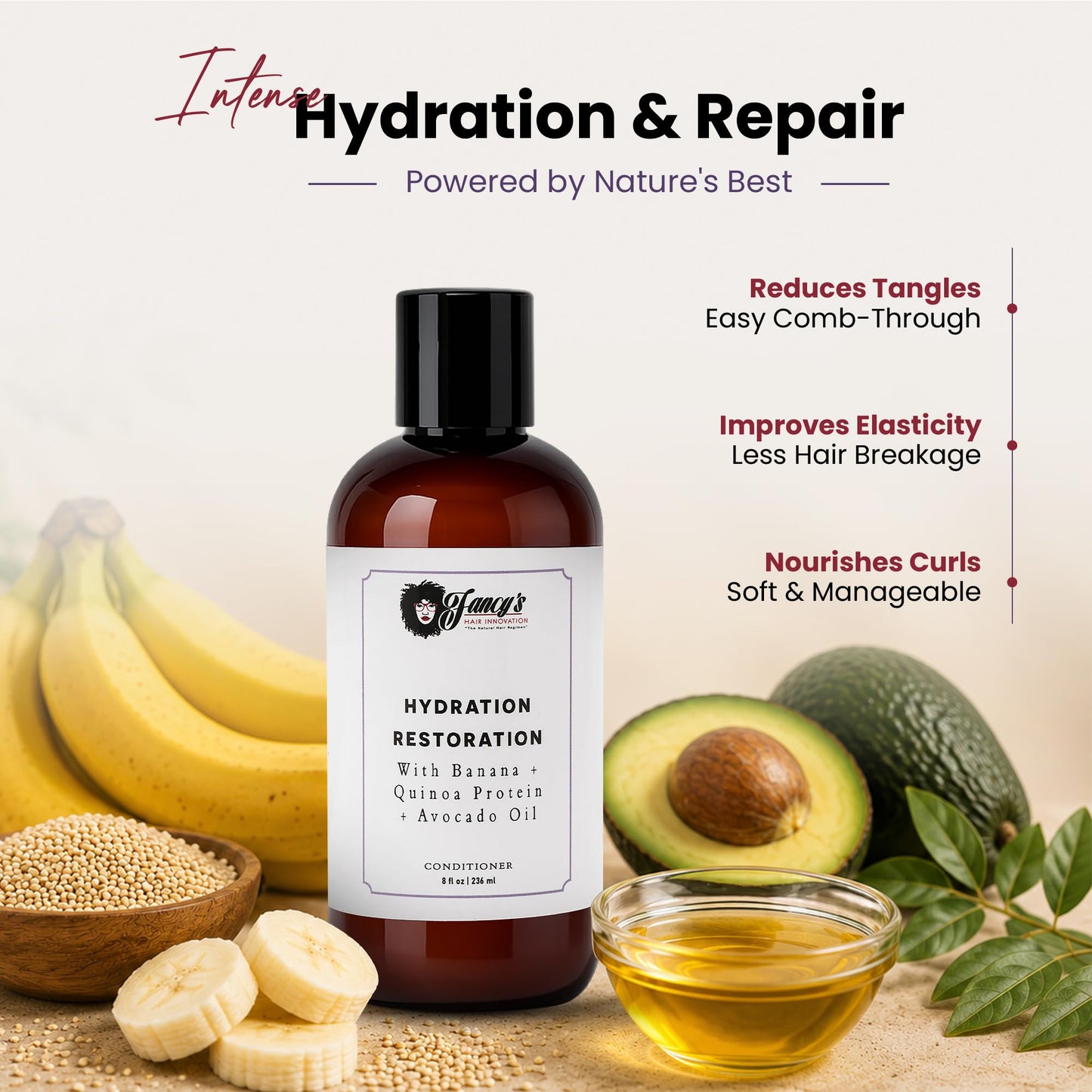 Fancy's Hair Innovation Hydration Restoration Conditioner, Deep Moisturizing, Protein-Enriched, For Curly Hair, Reduces Tangles & Breakage, With Banana Extract & Quinoa Protein