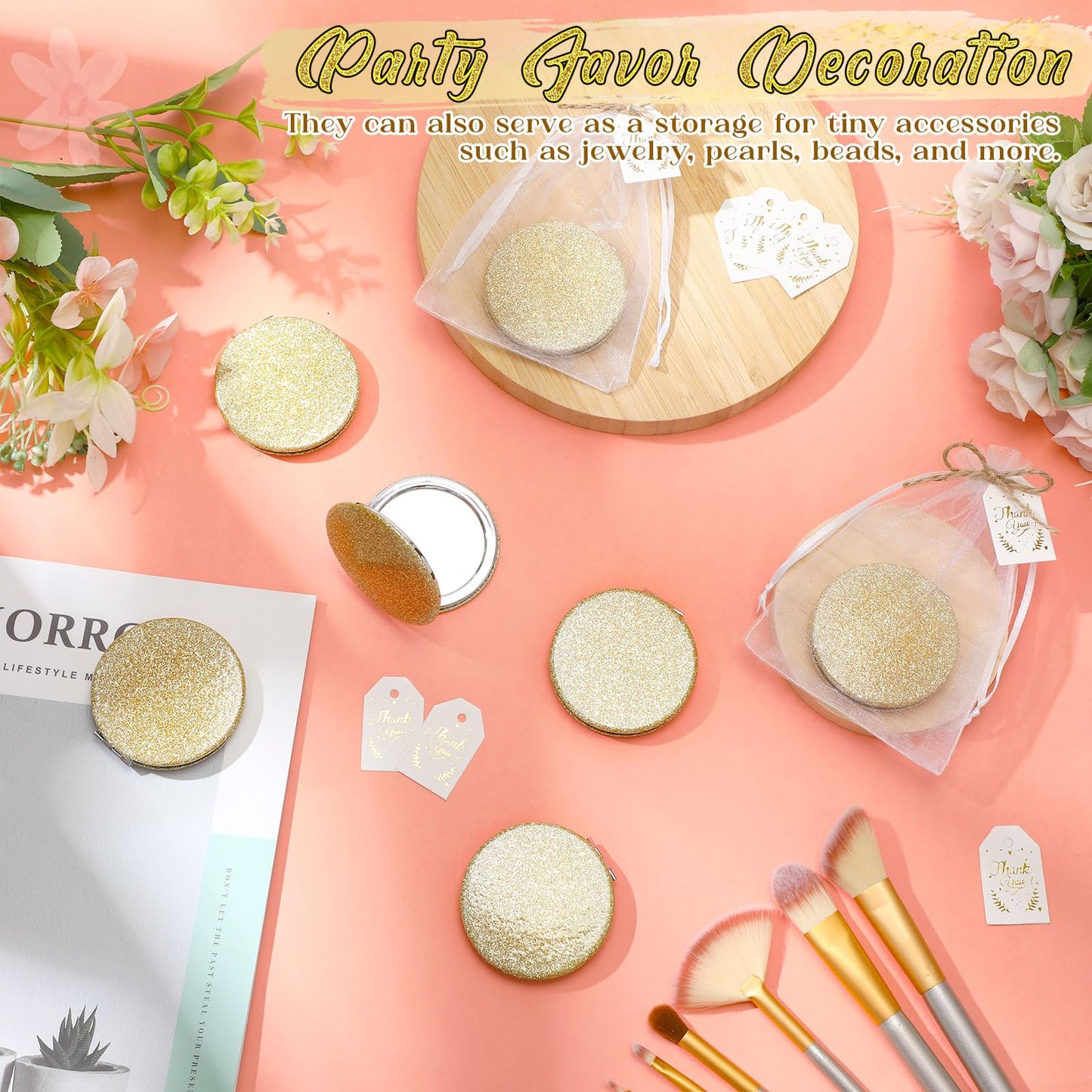 Chunful 30 Sets Compact Magnifying Mirrors Gifts with Thank You Card and Rope Quinceanera Party Favors for Guests Bridal Shower Wedding Souvenir Bridesmaids Mother's Day(30 Pcs,Champagne)