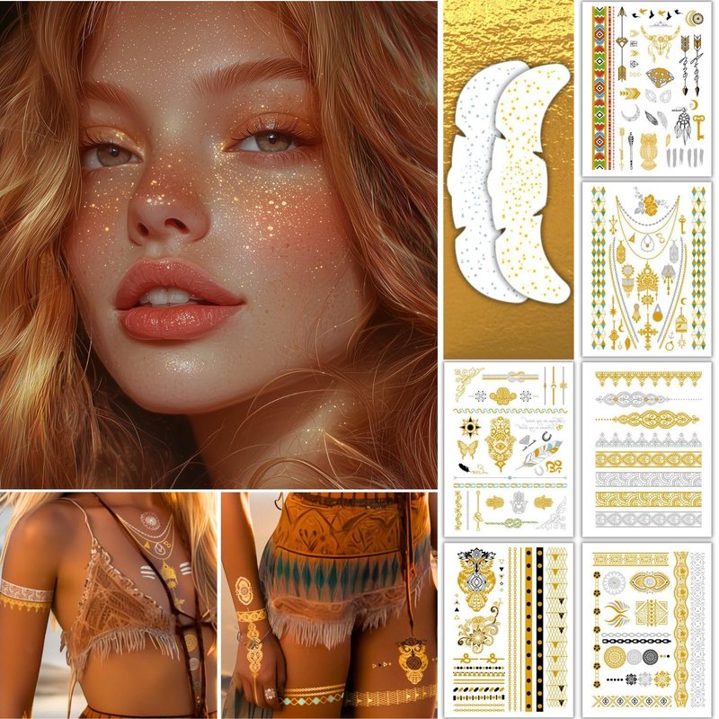 Gold Temporary Tattoos for Women - Metallic Flash Stickers & Glitter Face Tattoos - 120+ Boho Egyptian Festival Temporary Tattoo for Adults - Waterproof Gold Henna Set
