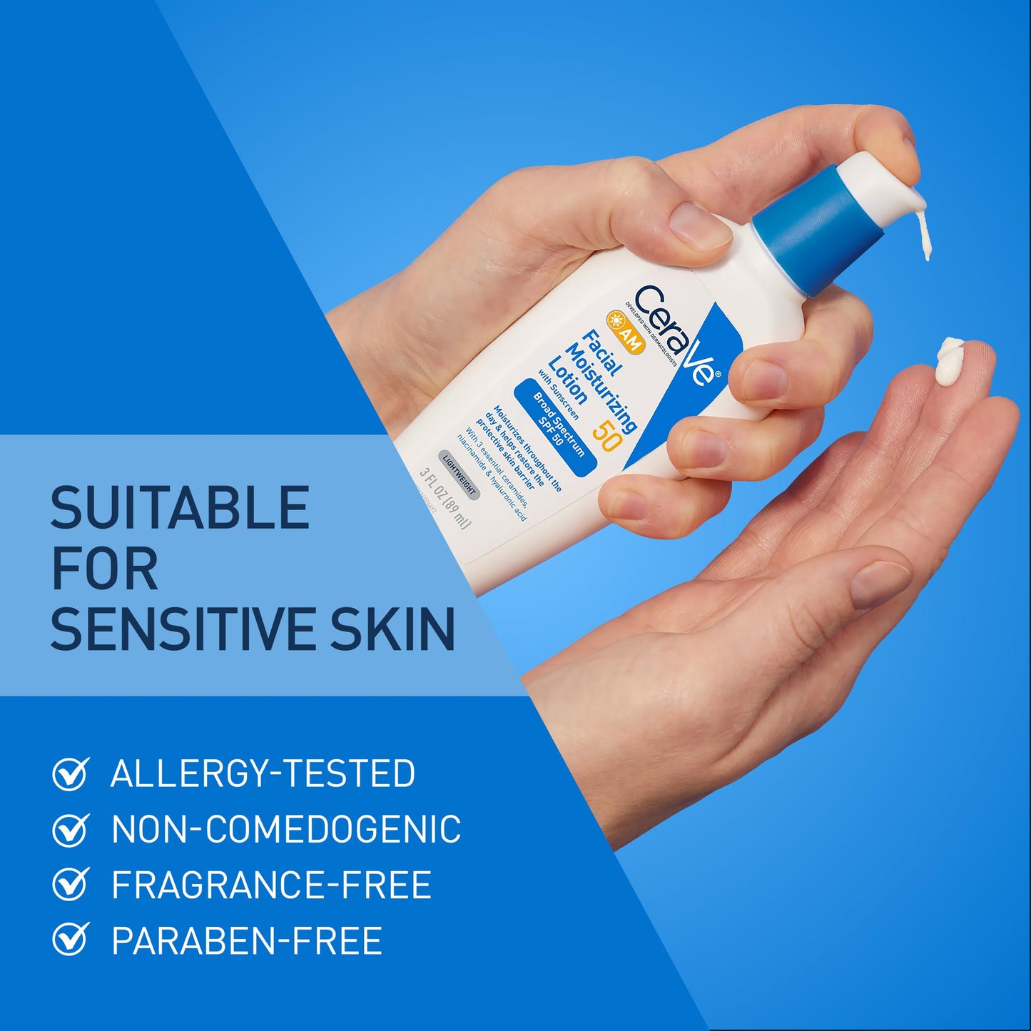 CeraVe AM Facial Moisturizing Lotion SPF 50, Face Moisturizer with SPF, Hyaluronic Acid, Niacinamide & Ceramides, Non-Greasy, Blends Seamlessly With No White Cast, Non Comedogenic Sunscreen, 3 Oz