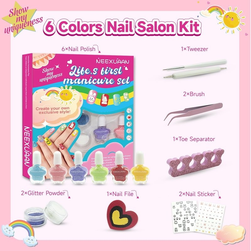 NEEXUAAN Kids Nail Polish, 15 PCS Nail Art Kit, Non-Toxic Toddler Nail Polish, Quick Dry Water-Based Peelable Fingernail Polish for Girls, for Ages 6-12 Girls Birthday, Halloween, Christmas Gifts