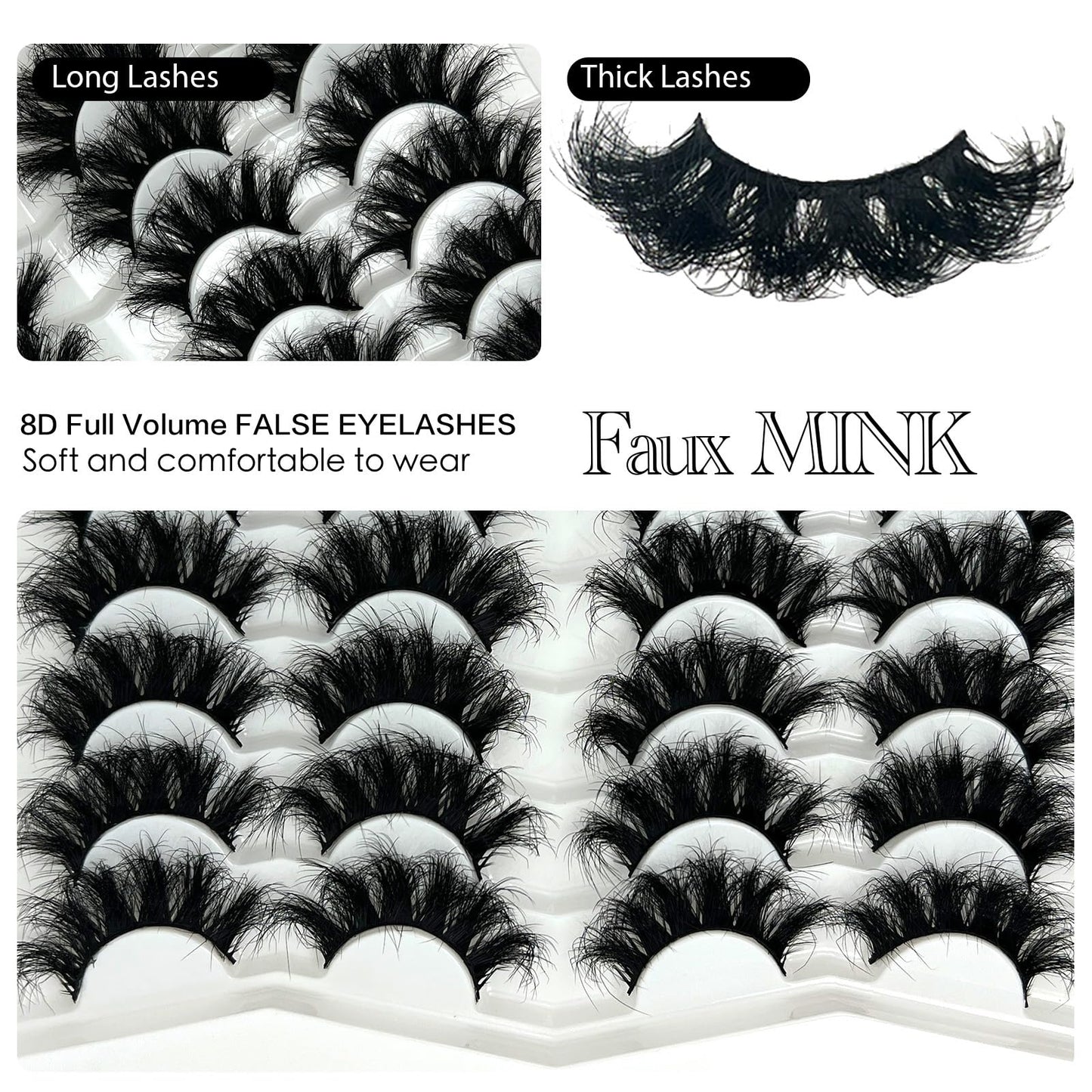 etokdos Mink Lashes Fluffy 20mm Long Dramatic Lashes Pack 25mm Big Lash Strips Volume Faux Mink Thick Eyelashes D Curl False Eyelashes Bulk