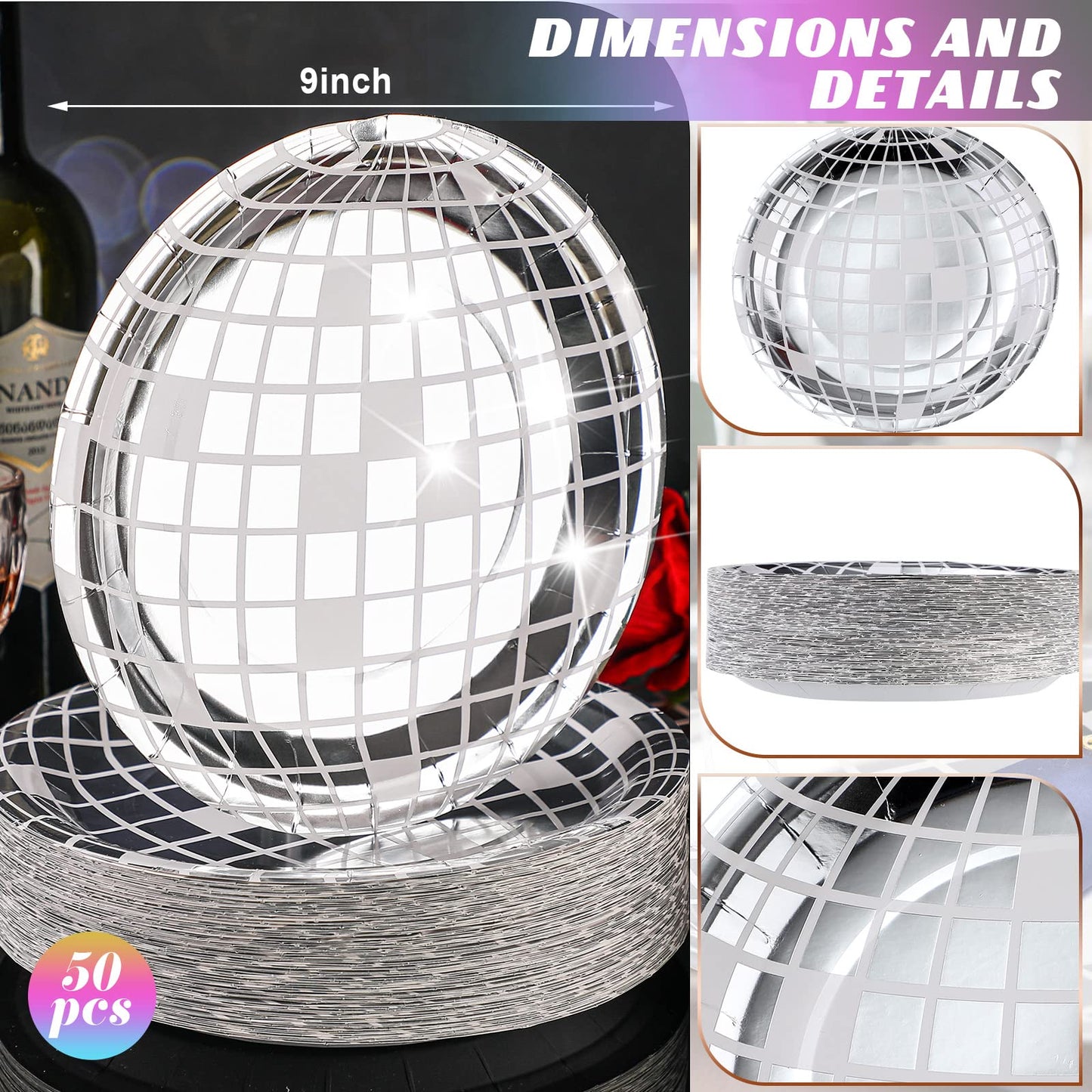 Funtery 50 Pcs Disco Plates 9'' Silver Paper Plates 70s Party Decorations Disposable Disco Dessert Dinner dish Dancing Queen Cowgirl Party Decorations for New Year's Eve 2026