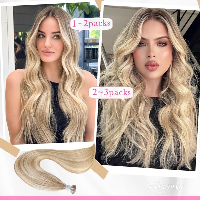I Tip Hair Extensions - 50g Human Hair, Blonde & Dark Blonde Mix | 14-Inch Soft & Natural Cold Fusion