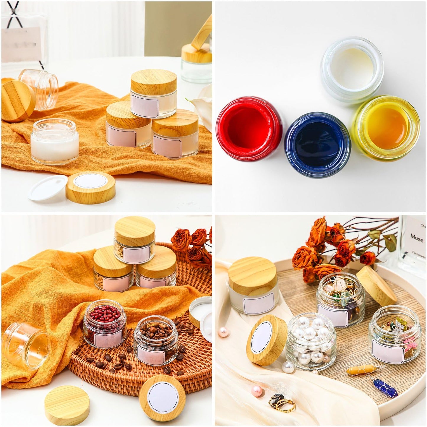 Layhit 24 Pcs 50 ml Cosmetic Glass Jars with Lids 1.69 oz Small Jars with Plastic Woodgrain Lids, White Labels and Inner Liners Empty Round Cosmetic Containers for Creams Lotions Powder