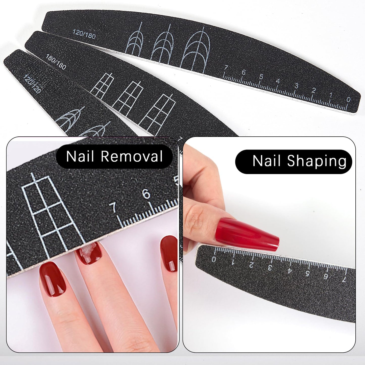 XEAOHESY 9 Pieces 120/120, 120/180, and 180/180 Grit Both Sides Nail Files with Reference Graphic for Nail Shape（Square, Almond, Oval）, Nail Files for Natural Nails