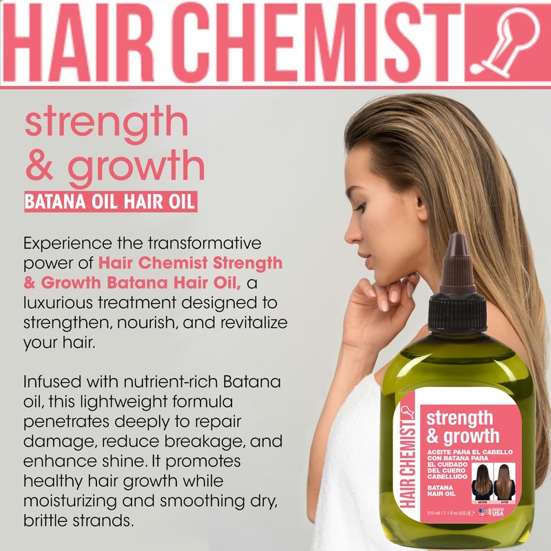Hair Chemist Strength & Growth Batana Oil Shampoom Conditioner Set 33.8 oz. & Hair Oil 7.1 oz. (3-PC Set) - Batana Shampoo and Conditioner for Hair Growth, Thickening and Strength