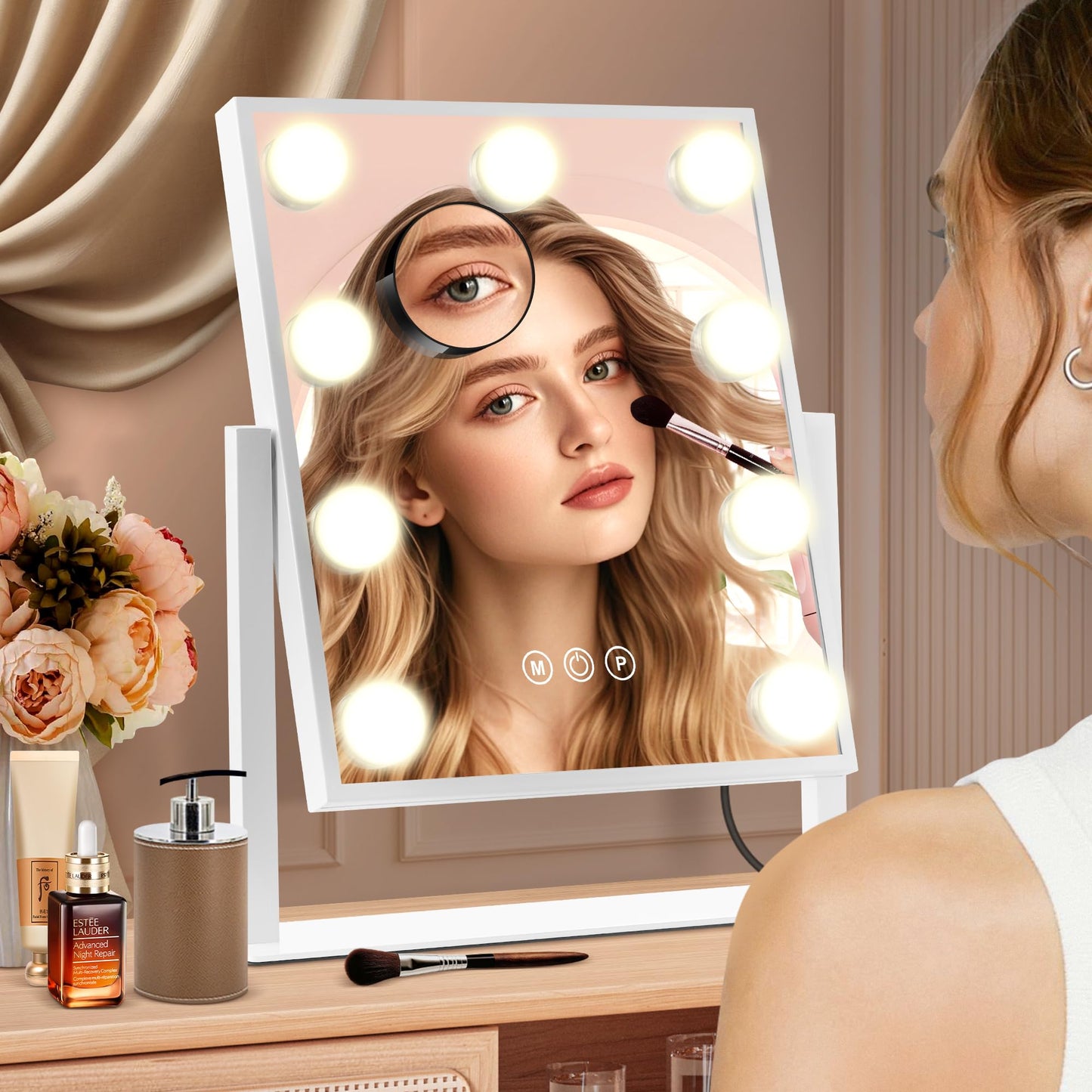 Magnifying Makeup Mirror Hollywood Vanity Mirror with Lights, 3 colors light, Smart Touch Control, brightness adjustable, 360°Rotation with Detachable 40X Small Magnification Mirror (14“L x 12“W)