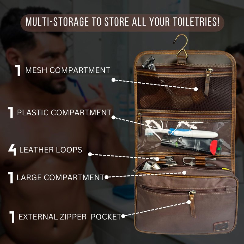 RUSTIC TOWN Leather Hanging Toiletry Bag for Men - Travel Shaving Dopp Kit - Bathroom Shower Toiletries Organizer - Leather Cosmetic Makeup Bag for Women
