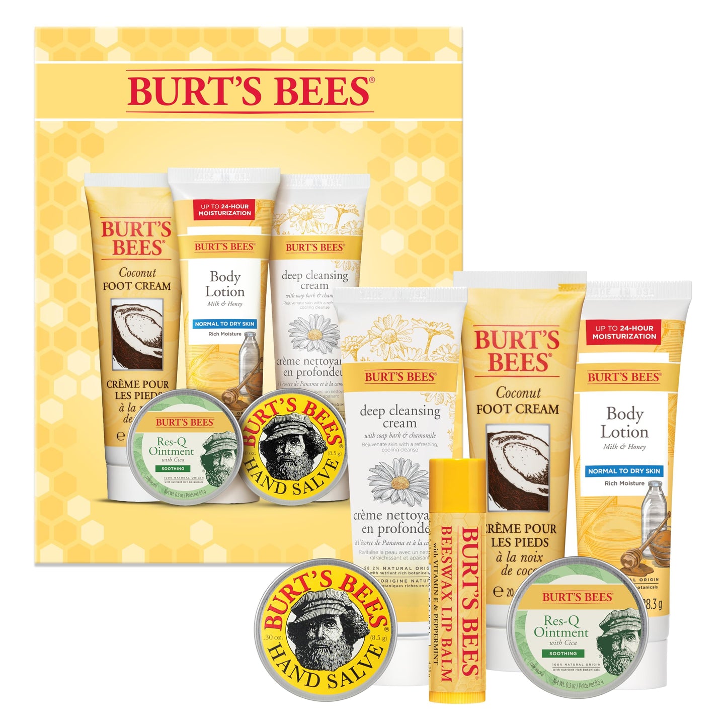 Burt's Bees Timeless Minis Kit, with Coconut Foot Cream, Milk and Honey Body Lotion, Deep Cleansing Cream, Res-Q Ointment, Hand Salve and Beeswax Lip Balm, natural origin skin care