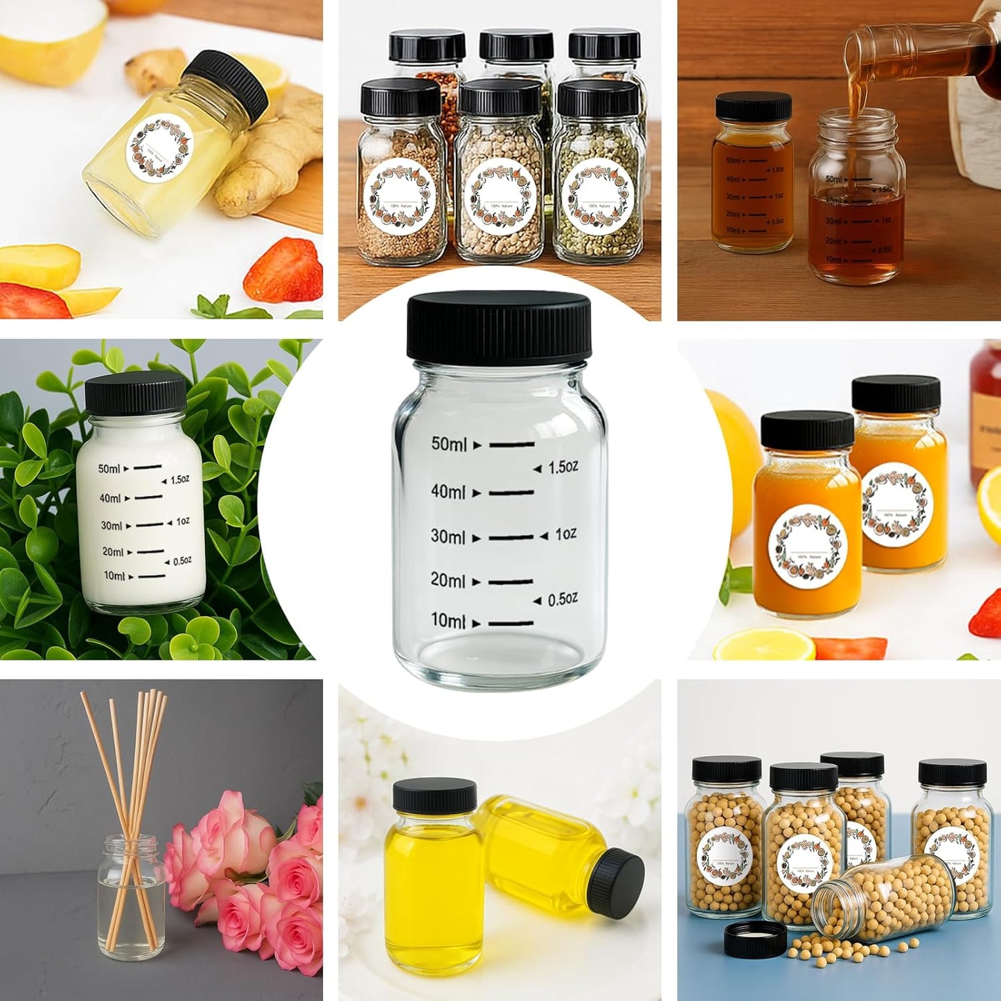**16 Pack 2oz Glass Shot Bottles - Leakproof Mini Jars with Black Caps for Juicing & Party Favors | ml & oz Scale**